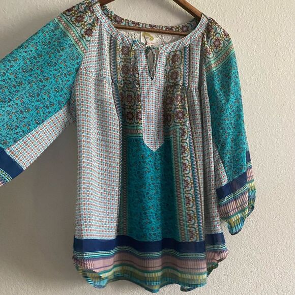Fig & Flower Anthropologie Women Sheer Boho Tunic 3/4 Sleeve Size 1X Plus - Picture 2 of 7